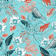 Seamless pattern with birds, flowers and leaves. Blue vintage background. Botany. Vector illustration.