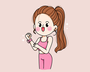 Young woman workout exercise training fitness lifestyle cartoon hand drawn cartoon art illustration