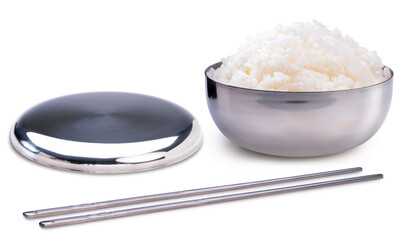 Rice in Korean rice bowl with bowl lid and metal chopsticks isolated on white background, Cooked Korean rice in a metal bowl on white background, With clipping path.
