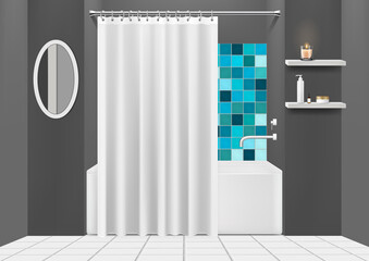 Realistic bathroom interior, bath with curtain, shelf with cosmetics.