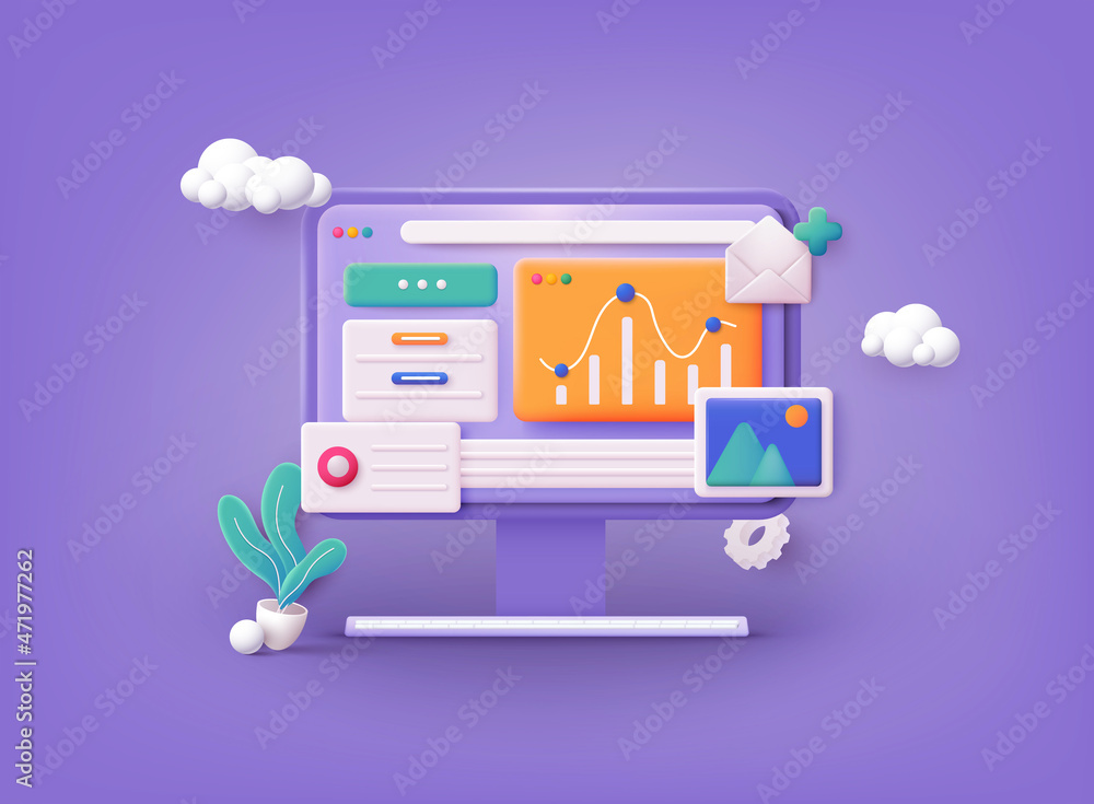 Poster computer with open pages. landing page template for web. data analytics, dashboard and business fina