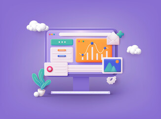 Computer with open pages. Landing page template for web. Data analytics, dashboard and business finance report. 3D Web Vector Illustrations.