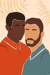 Fototapeta premium Abstract minimalistic contemporary portrait of two people, Africans and light-skinned men. The concept of relationships, friendship, love, tolerance, homosexuality. Vector graphics.