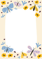 Butterfly floral letter frame. Cute pastel border with butterflies, flowers and leaves for kids party invitation, wedding templates. Soft organic hand drawn shapes, trendy colors.