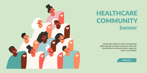 Fototapeta premium Diverse abstract people group after vaccine injection banner template. Young adult, teen, elderly vaccination. Simple trendy flat vector cartoon illustration. Portrait of multi-ethnic friends