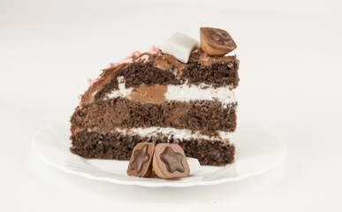 One slice of sweet brownie on white background