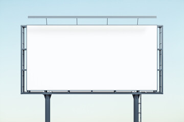 Blank white billboard on blue sky background at sunset, front view. Mockup, advertising concept