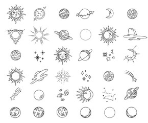 Esoteric symbols with the moon and the sun. Celestial signs. Vector illustration