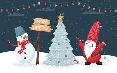 Christmas card with cute smiling gnome with a garland and a snowman with a Merry Christmas sign decorate a Christmas tree. Color vector illustration with flat cartoon characters on a dark background.