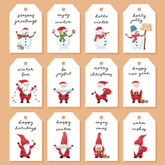 A set of gift tags, labels with cute Christmas characters - Santa, snowman, gnome on a white background and handwritten phrases, congratulations. Template with color vector flat illustrations