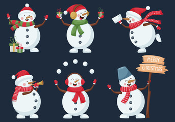 Collection of Christmas snowmen. Cute cartoon characters juggling snowballs, blowing a pipe, giving gifts, congratulating Merry Christmas. Isolated on a dark background. Color vector illustration