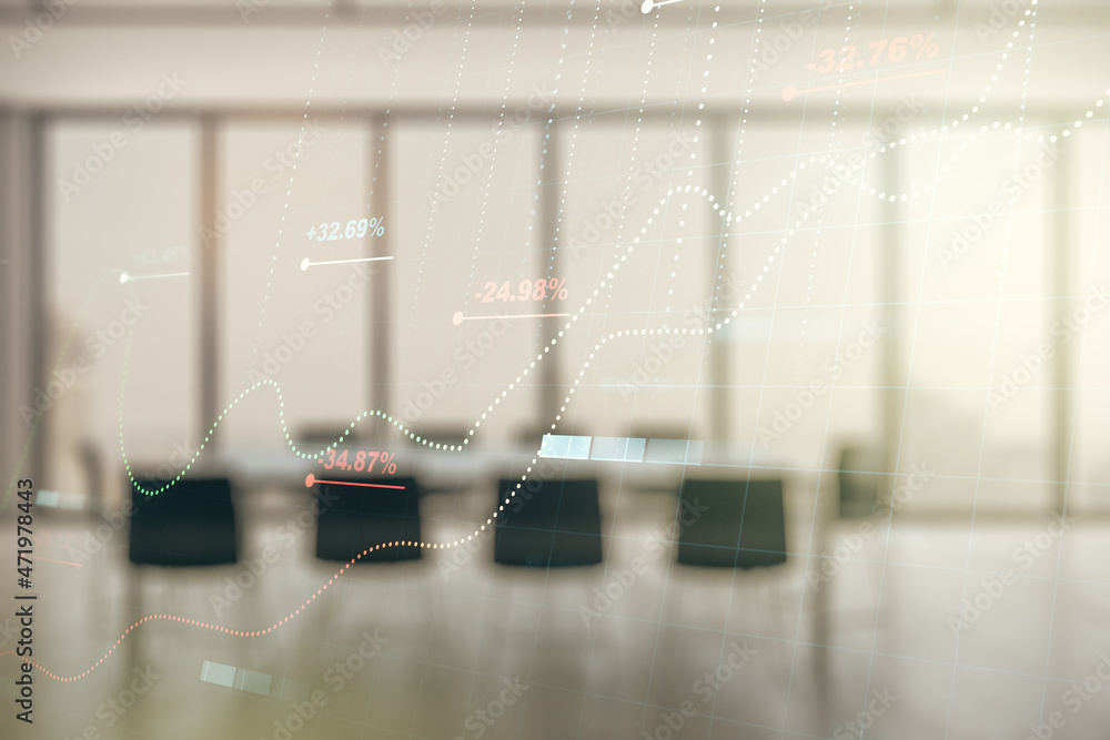 Poster multi exposure of abstract virtual graphic data spreadsheet sketch on a modern furnished classroom b