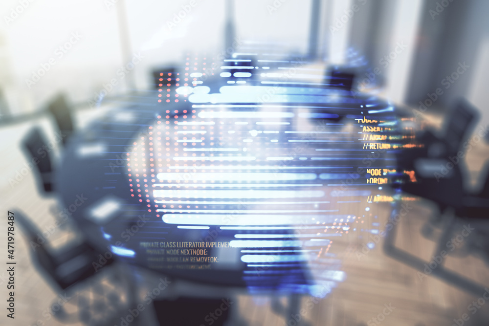 Poster double exposure of abstract creative programming illustration and world map on a modern boardroom ba