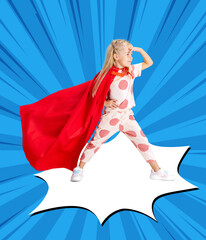 Modern art collage of little girl wearing red cloak and standing like superhero isolated over blue background. Magazine style