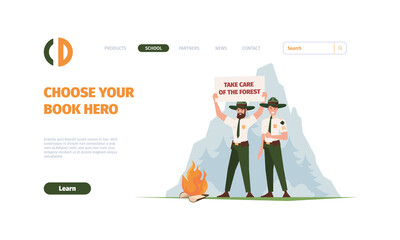 Outdoor rangers landing. National park protective persons job in wood camping scout adventure in forest garish vector web page template - obrazy, fototapety, plakaty