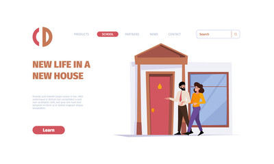 Real estate landing. People invest money to new house rental agents building realtor garish vector web page template