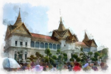 Fototapeta premium The Grand Palace Bangkok Thailand watercolor style illustration impressionist painting.