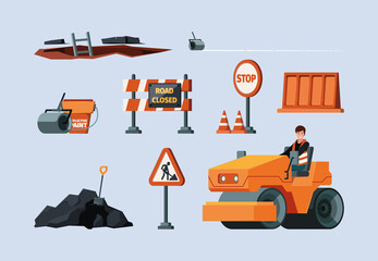 Fototapeta na wymiar Road repair. Builders instruments for road workers machine for maintenance support garish vector illustrations set