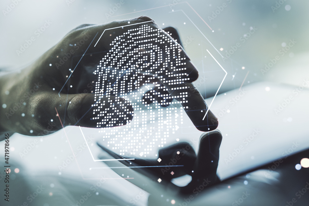 Aufkleber multi exposure of abstract creative fingerprint illustration with finger presses on a digital tablet