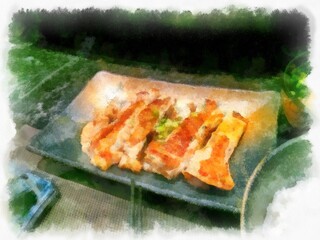 Japanese Set Meal and Japanese Pizza watercolor style illustration impressionist painting.