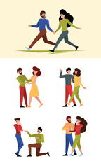 Love couples. Happy characters romantic valentine people with presents and flowers lovers meeting boy and girfriend garish vector persons