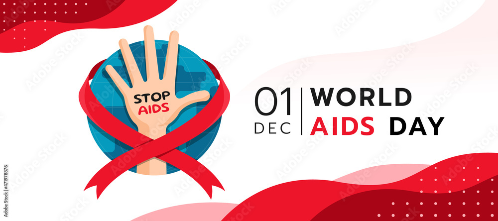 Poster world aids day - hand with stop aids text in circle world globe with red ribbon roll around and abst