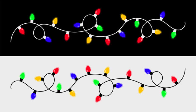 Colorful string fairy lights. Christmas light set. Lightbulb glowing garland line. Cartoon holiday festive xmas decoration. Rainbow color. Different shape. Flat design. White Black background.