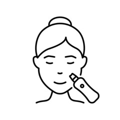 Facial Ultrasonic Cleansing for Woman Line Icon. Face Peeling, Cleansing with Ultrasound Device Linear Pictogram. Beauty Procedure for Girl Outline Icon. Editable Stroke. Isolated Vector Illustration