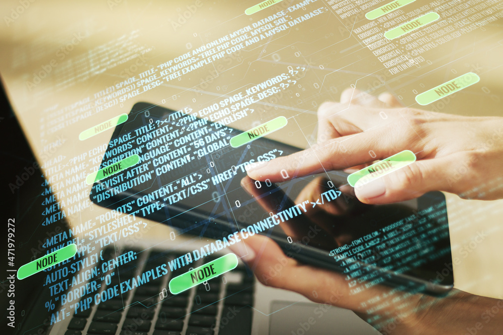 Poster multi exposure of abstract programming language hologram and hand working with a digital tablet on b