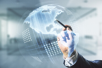 Double exposure of man hand with pen working with digital map of North America on blurred office background, research and strategy concept