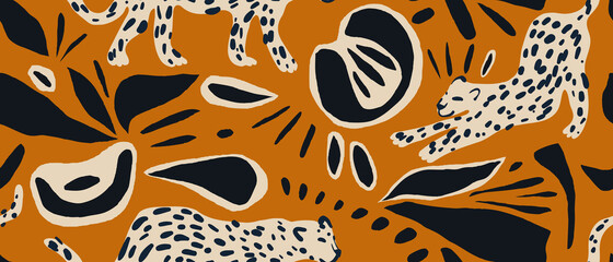 Materiał do szycia Hand drawn abstract pattern with leopards and various organic shapes. Collage contemporary print. Fashionable template for design.