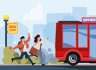Late for bus. Running business people stop urban transport getting taxi or bus rush lifestyle garish vector cartoon background