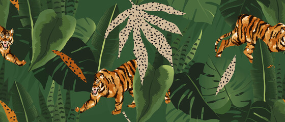 Materiał do szycia Hand drawn abstract jungle pattern with tigers. Creative collage contemporary seamless pattern. Natural colors. Fashionable template for design.