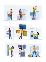 People housework. Dust house cleaning processes domestic working family persons washing carpets and dirty rooms garish vector flat pictures set