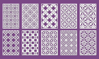 Laser cut ornamental panel templates set 2:3. Template for wedding invitation or greeting card. Cabinet fretwork screen. Metal design, wood carving, vector. - obrazy, fototapety, plakaty