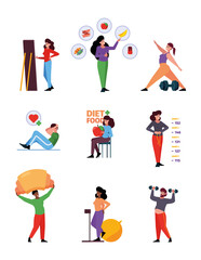 Fototapeta na wymiar Weight loss concept. Sport exercises for woman fitness industry for healthy lifestyle nutrition for lost weight garish vector colored illustrations set