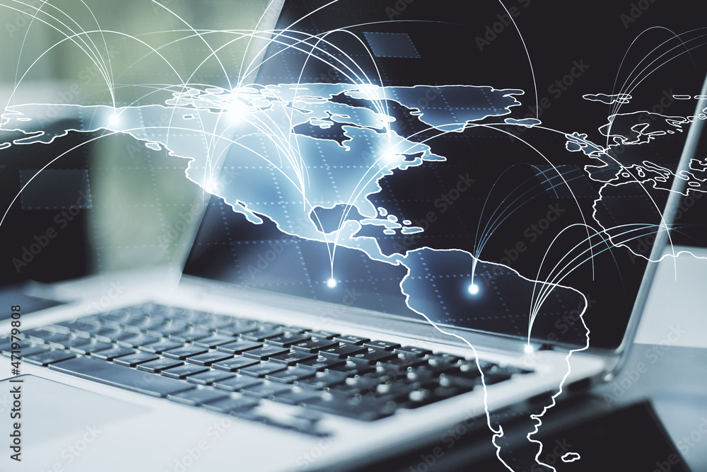 Poster double exposure of abstract digital world map with connections on computer background, big data and 