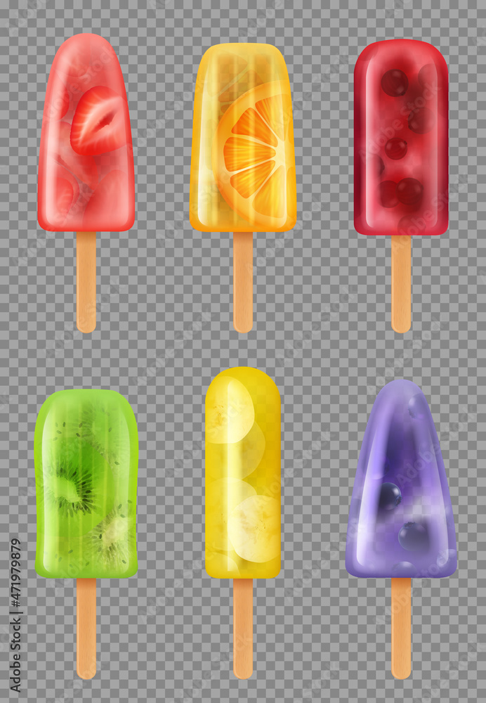 Sticker Frozen fruit juice. Healthy summer ice sorbet refreshing products icecream on stick decent vector frozen food realistic