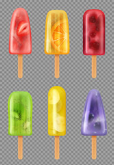 Frozen fruit juice. Healthy summer ice sorbet refreshing products icecream on stick decent vector frozen food realistic