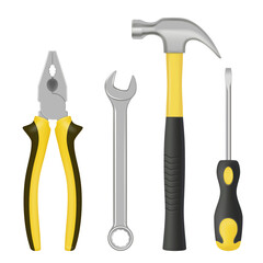 Realistic mechanic tools. Garage metal crafted items for handyman workers steel objects hammer keys screws bolts nuts nails pliers