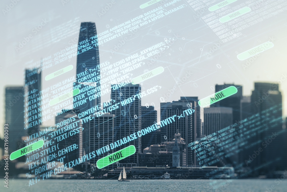 Aufkleber double exposure of abstract programming language interface on san francisco city skyscrapers backgro
