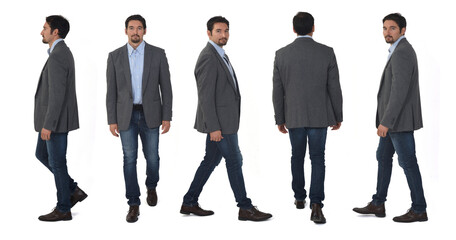 line of front, back and side view  of same man walking on white backgruound - Powered by Adobe