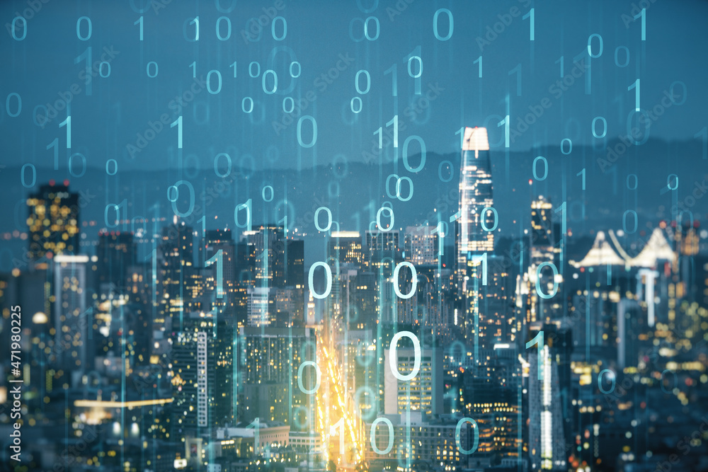 Leinwandbilder Abstract virtual binary code illustration on San Francisco skyline background. Big data and coding concept. Multiexposure