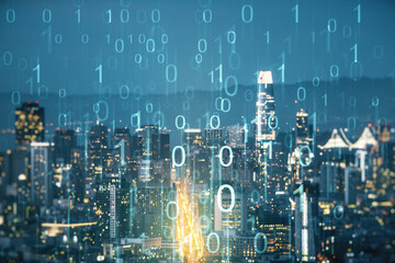 Abstract virtual binary code illustration on San Francisco skyline background. Big data and coding concept. Multiexposure