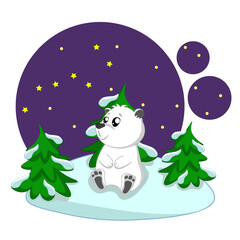 A cute polar bear in the snow looks at the Big Dipper