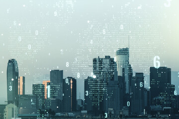Obraz premium Multi exposure of abstract creative coding sketch and world map on Los Angeles city skyline background, artificial intelligence and neural networks concept