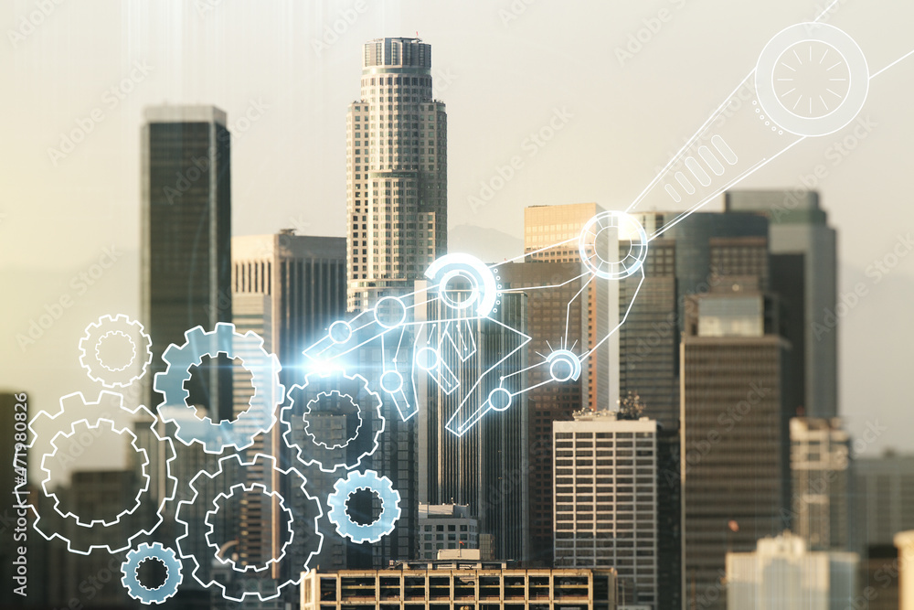 Poster abstract virtual robotics technology hologram on los angeles skyline background. robot development a
