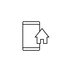 Property and mortgage concept. Vector outline sign, thin line. Perfect for advertising, web sites, online shops and stores. Line icon of house next to smartphone as symbol of online store of house