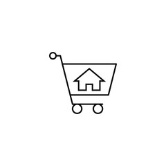 Property and mortgage concept. Vector outline sign, thin line. Perfect for advertising, web sites, online shops and stores. Line icon of private house inside of shopping cart