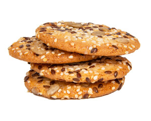 Whole grain snack cereal cookies with seeds isolated on the white background